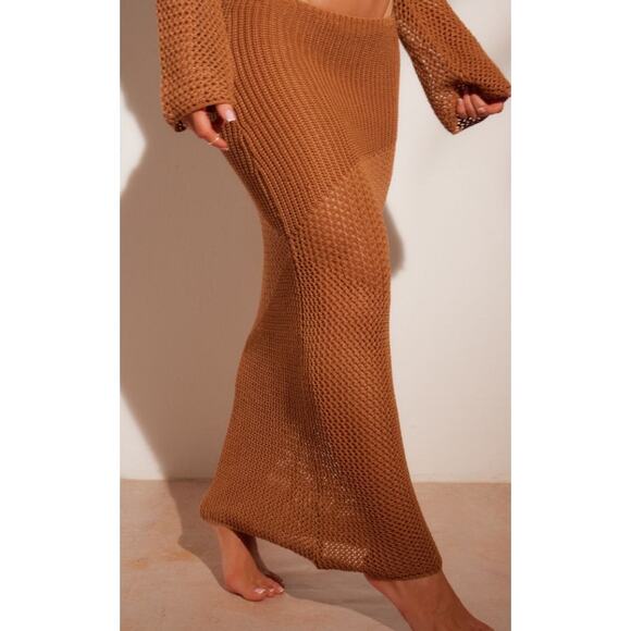 Prettylittlething Tan Crochet Maxi Beach Skirt US Size 8 NWT - Picture 2 of 7
